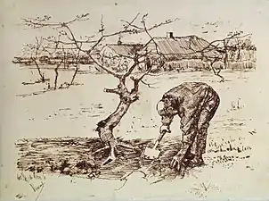 Vincent van Gogh, Homme creusant dans le verger (estampe), 1883.