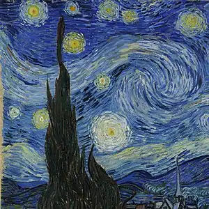 La Nuit étoilée, de Vincent van Gogh (1889). La technique de l'impasto et la structure des lignes donnent à l'observateur l'impression que le ciel est en mouvement.