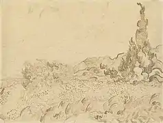 Champ de blé et Cyprès (1889), dessin à la plume de Vincent van Gogh dont le cyprès figure sur les étiquettes du domaine Hauvette.