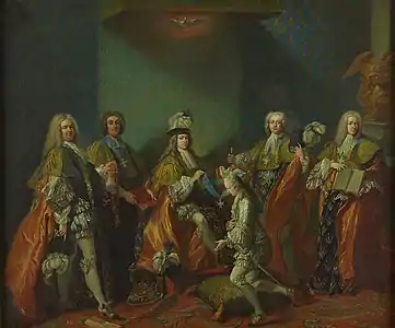 Louis XV remettant le cordon de l'ordre du Saint-Esprit au comte de Clermont dans la chapelle de Versailles, 3 juin 1724, château de Versailles.