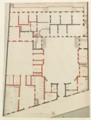 Une variante du quatrième projet de rez-de chaussée modifie légèrement l'aménagement des pièces, et renforce encore l'uniformité de la façade sur jardin en prolongeant le perron jusqu'à l'extrémité ouest.