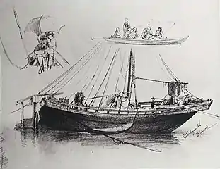 Barque et canot à l'amarrage. 1870.