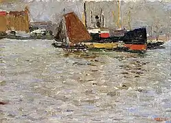 Peinture en couleurs représentant des navires sur un plan d'eau