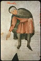 Détail d'une page de manuscrit montrant un homme en tunique rouge, portant une cape de couleur sombre et un turban, le bras et l'index droit tendu vers le sol.