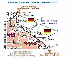 Situation de Vaulx-Vraucourt en 1917, en zone britannique, tout près de la ligne Hindenburg.