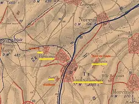 La carte des régions dévastées en 1919 montre que le village est complètement détruit ainsi que la sucrerie et le bois de Vaulx.