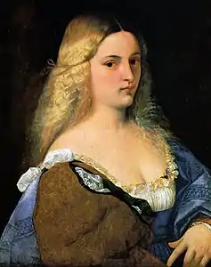 Peinture. Buste de femme (sur fond noir) à la chevelure blonde, de trois quarts face.