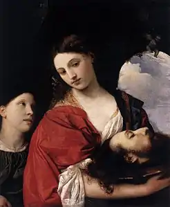 Peinture. Une femme (sur fond noir), debout de face, tient la tête d’un homme entre ses mains.