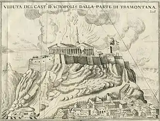 Gravure ancienne : scène de bataille, un bâtiment sur une colline explose