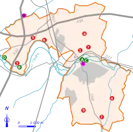 Carte montrant par des repères de couleurs l'emplacement de lieux remarquables d'un territoire.