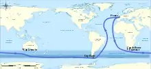 Planisphère sur lequel est tracée la route empruntée par le Vendée Globe
