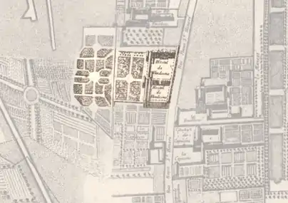 Espace choisi pour la place Louis-le-Grand en 1676, avant sa construction. Il est surtout occupé par l'hôtel de Vendôme, qui donnant informellement son nom à la place, sera par la suite détruit. Plan de Paris de François Blondel et Pierre Bullet (l'architecte de l'hôtel d'Évreux), 1676. Le nord est à gauche.