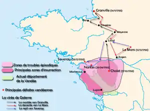 Carte illustrant les zones insurgées des guerres de Vendée et les itinéraires de la Virée de Galerne.