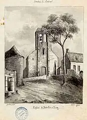 Gravure de l'ancienne église de Beaulne en 1860 par Amédée Piette.