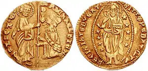Ducat d'or vénitien, début du XIVe siècle, frappé sous le doge Michele Steno qui figure agenouillé devant saint Marc ; au revers le Christ en pied.