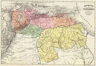 Les provinces de la Capitainerie générale du Venezuela en 1810. Au centre-nord, en vert, la province de Barinas englobe alors les territoires des états actuels de Barinas et d'Apure et quelques autres portions du Venezuela actuel.