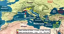 Les thalassocraties méditerranéennes de Venise (jaune) et de Gênes (rouge) au XVe siècle