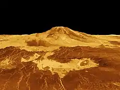 Maat Mons, Vénus (imagerie radar plus altimétrie, exagération verticale 10x)