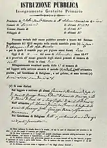 Photo d'un document officiel sur papier avec pour intitulé : Istruzione Pubblica
