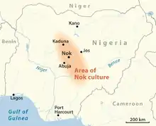 aire colorée ellipsoïde, orientée nord-ouest sud-est, couvrant une partie du centre de la carte du Nigeria