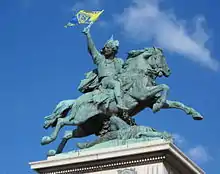 La statue équestre de Vercingétorix arborant le drapeau de l'ASM Clermont Auvergne