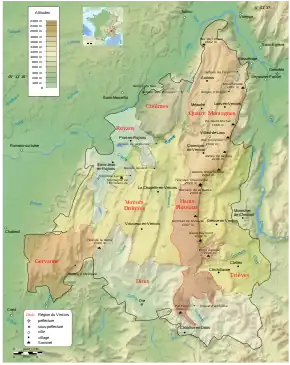 Carte de la topographie et des régions du Vercors