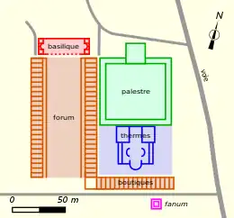 Plan en couleurs de monuments antique mitoyens.