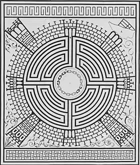 Dessin d'une mosaïque représentant un labyrinthe circulaire.