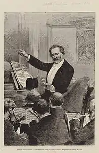 Verdi conduisant l'orchestre de l'opéra dans la représentation d'“Aida”, dessin, La Musique populaire, 3 novembre 1881.