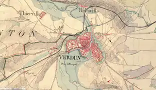 La citadelle et l'enceinte urbaine de Verdun, carte d'état-major de 1866 montrant les routes et les zones inondables.