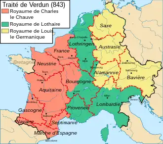 Carte représentant avec différentes couleurs la division en trois parties de l'Empire carolingien