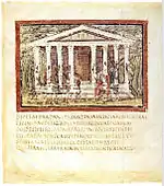 6 lignes de texte en bas et une scène où des personnes sont devant un bâtiment à fronton et colonnes en fond de face.