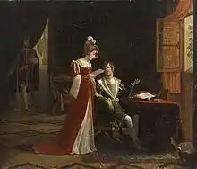 Marguerite, reine de Navarre, est surprise par François Ier son frère au moment où elle lit la ballade de Clément Marot commençant par « Amour me voyant sans tristesse », atelier de Vermay, d'après le tableau présenté au Salon de 1812