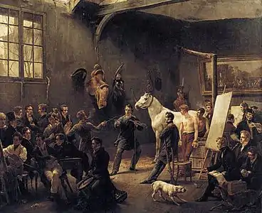 Un atelier d'artiste peint en 1820 par Horace Vernet, lieu animé où autour des peintres se pressent les amateurs.