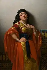 Tableau de Emile Vernet-Lecomte datant de 1869 qui représente une femme juive de Tanger portant la Keswa Kbira.