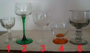 Verres ballon,1=de bistrot, 2=d'Alsace, 3 et 4=ordinaire, 5=verre soufflé du XIXe siècle