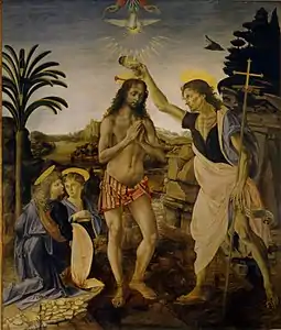 Peinture d'une scène à quatre personnages dont un ange agenouillé à gauche regarde le personnage du centre, le Christ