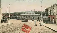 La première gare des Chantiers, avec une motrice du tramway de Versailles.