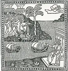 Gravure représentant un roi siégeant sur son trône et ordonnant le départ de trois caravelles vers un pays sur lequel se trouvent de nombreux hommes et femmes dénudés et des palmiers.