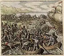 Peinture représentant des Européens en bateau tirant au canon et bataillant contre des indigènes.