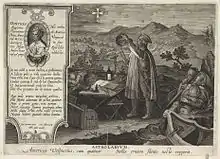 Gravure en noir et blanc représentant un homme debout devant une table sur laquelle se trouvent divers outils de mesure. L'homme observe une croix dans le ciel et tient un compas dans sa main droite et un astrolabe dans sa main gauche.