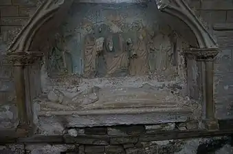 Bas-relief représentant le Christ assis et bénissant recevant une offrande de saint Pierre,