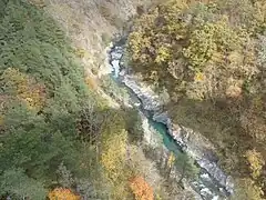 La Bonne au début des gorges. Photo prise en automne depuis l'ancien viaduc ferroviaire (on voit son ombre sur le fond de la vallée)