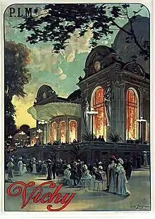 Affiche illustrée avec bâtiment à droite illuminé de l'intérieur et devant des gens en tenue de soirée