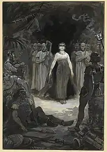 « Elle s'avança, marchant lentement, entre les tables des capitaines. » Dessin de Victor-Armand Poirson, 1885.