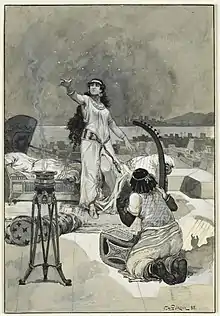 Représentation de Salammbô par Victor-Armand Poirson, avec à l'arrière-plan une vue sur les ports puniques de Carthage et le djebel Boukornine.