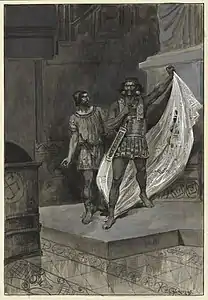 Mâtho se drape dans le zaïmph sacré sous les yeux de Spendius. « Il semblait à Spendius de taille plus haute et transfiguré. » Dessin de Poirson, 1885.