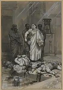 « Les trois corps couchés ruisselaient à gros bouillons. » Dessin de Poirson, 1886.