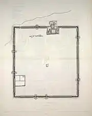 Plans du site et de la terrasse du palais de Khorsabad, et tentative de reconstitution de la zone palatiale d'après les conclusions des fouilles des consuls français. Le tracé des bâtiments est régularisé et donc imprécis, les fouilles postérieures ayant révélé que les murs n'étaient pas strictement parallèles et perpendiculaires les uns par rapport aux autres.