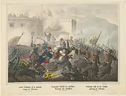 Sortie de la garnison ottomane lors du siège de Silistra en 1854, gravure allemande.